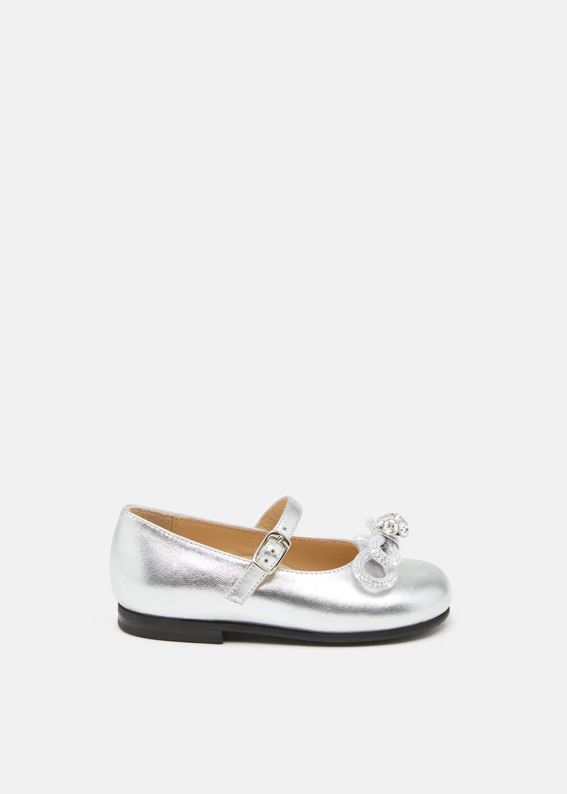 Double Bow Mini Ballerina in Silver Leather